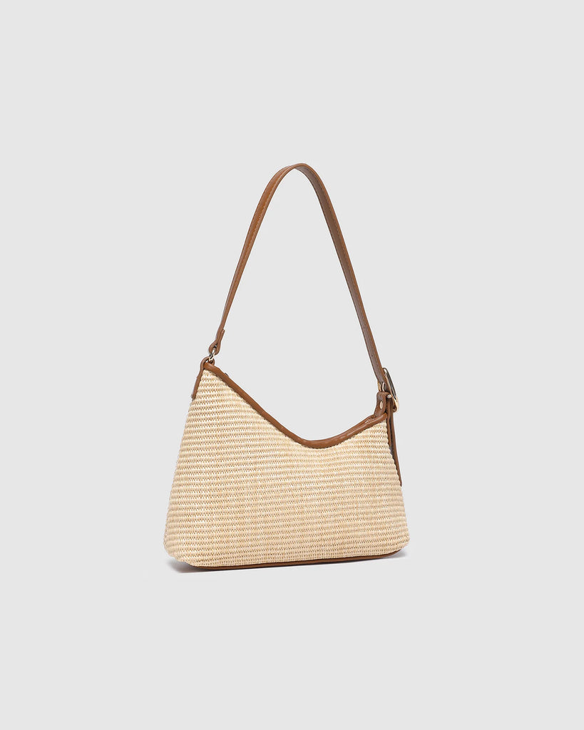 Amelia Shoulder Bag - Raffia/Tan-Louenhide-The Amelia Raffia Tan Shoulder Bag is a striking addition to your collection of minimalist handbags, defined by clean lines and a distinctive, asymmetrical structured silhouette. With elevated detailing and a modern edge, Amelia Raffia Tan offers a fresh perspective on everyday styling. Blending tan vegan leather with natural raffia and accented with gold hardware, she exudes effortless polish in a palette that transitions seamlessly through every season. The adjus