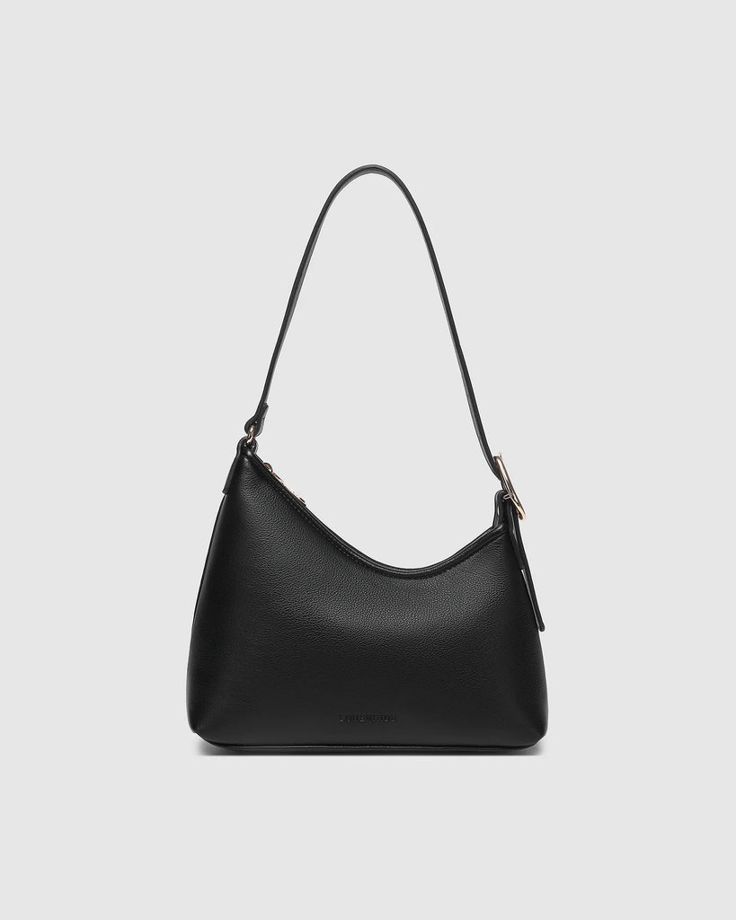 Amelia shoulder bag - black-Louenhide-The Amelia Black Shoulder Bag is a striking addition to your collection of minimalist handbags, defined by clean lines and a distinctive, asymmetrical structured silhouette. With elevated detailing and a modern edge, Amelia offers a fresh perspective on everyday styling. Finished in smooth chocolate vegan leather and accented with refined gold hardware, she brings instant polish to any look. Internal Features Zip Pocket, Slip Pocket Internal Lining Polyester Recycled B