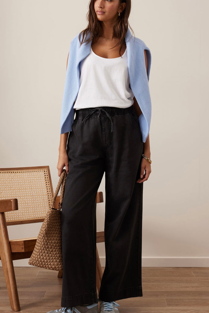 Andie wide leg drawstring pant - washed black-Ceres Life-Made from mid weight twill with soft hand feel Elastic waist with drawstring Wide leg shape with deep hem Patch pockets at back 61% Cotton, 39% Lyocell.-Pash + Evolve