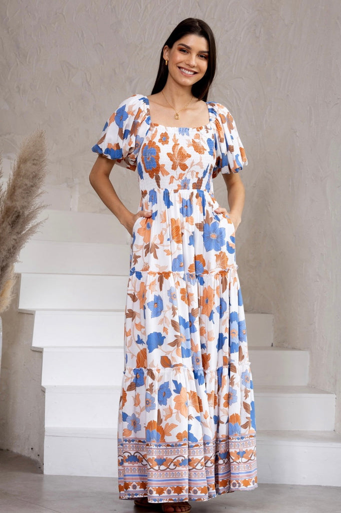 Annabel maxi dress - blue-Pash + Evolve-Our beautiful Annabel dress is a super cute and versatile style! The best dress for any occasion. This dress can be worn on or off the shoulder, making it the perfect one for your Summer wardrobe. *Wear on or off the shoulder *Short puff sleeve *Shirring at the top *Lightweight material *Maxi length *Stunning print all over *100% Rayon-Pash + Evolve