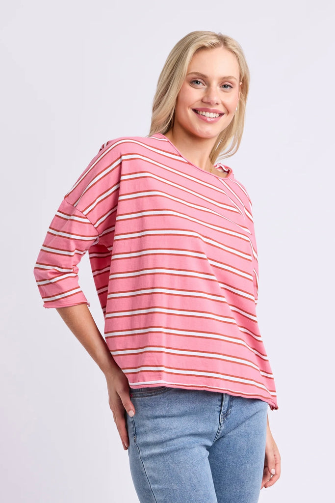 Anya Long Sleeve Tee - Stripe Pink Lemonade-Elm-The Anya Tee - Stripe combines timeless yarn-dyed stripes with Elm's relaxed oversized silhouette. Crafted from soft cotton slub jersey with raw edge detailing and dropped shoulders, it's an effortless everyday tee that pairs perfectly with denim, Brunch Pants or your favourite shorts. Raw Edge detailing at neck and sleeves 3/4 sleeves Dropped shoulder Oversized fit 100% Cotton Slub Jersey Our Model is wearing a size 10-Pash + Evolve