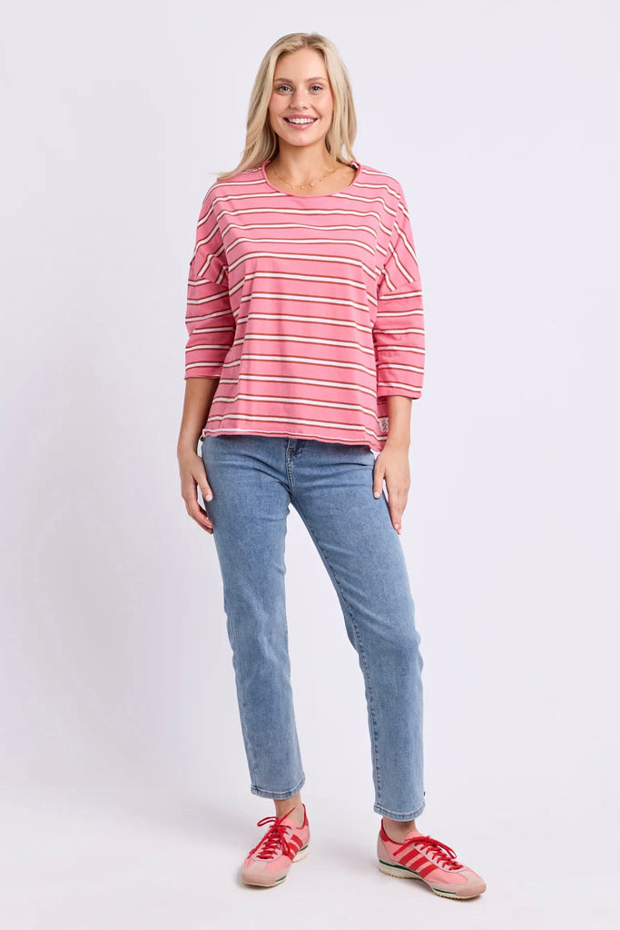 Anya Long Sleeve Tee - Stripe Pink Lemonade-Elm-The Anya Tee - Stripe combines timeless yarn-dyed stripes with Elm's relaxed oversized silhouette. Crafted from soft cotton slub jersey with raw edge detailing and dropped shoulders, it's an effortless everyday tee that pairs perfectly with denim, Brunch Pants or your favourite shorts. Raw Edge detailing at neck and sleeves 3/4 sleeves Dropped shoulder Oversized fit 100% Cotton Slub Jersey Our Model is wearing a size 10-Pash + Evolve