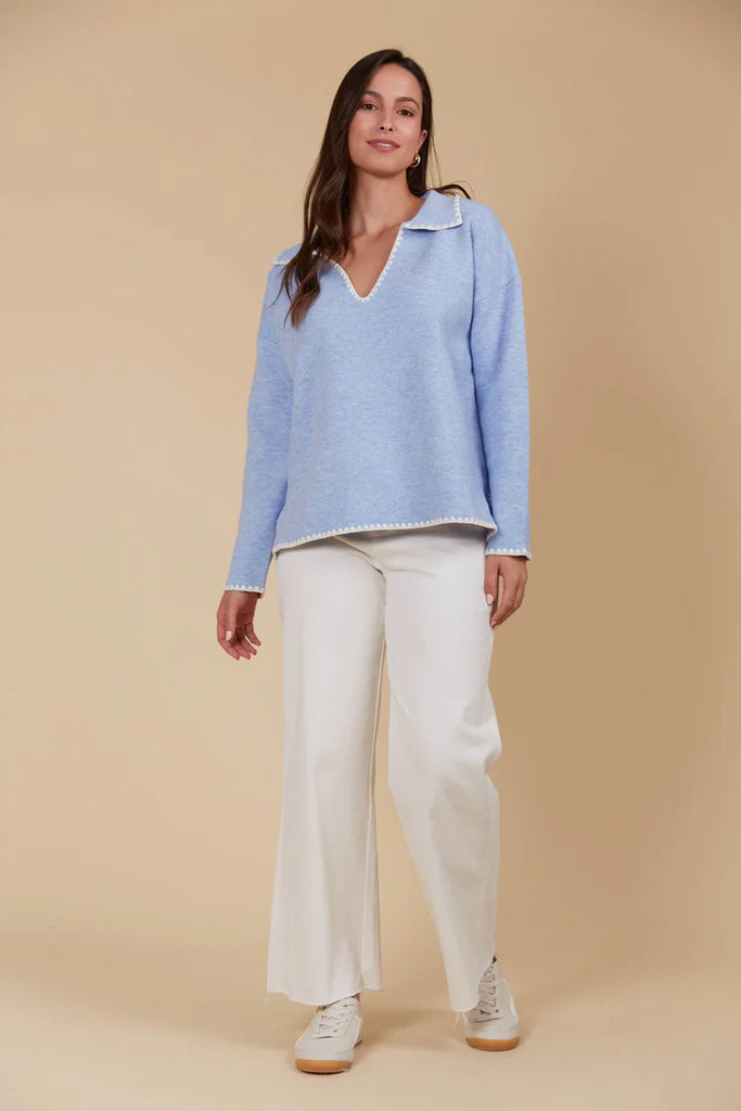Athena Jumper - Sky-Isle of Mine-The Athena Jumper is bound to be your new go-to for everyday wear. Its relaxed fit makes it super easy to throw on, featuring a classic collar, V-neck, and subtle contrast stitch details for a hint of style. Perfect for grabbing coffee, running errands, or just lounging at home, this cosy wool and recycled blend will keep you warm and comfortable all day. Pair it with loose pants or your favourite jeans and sneakers for an effortlessly laid-back look. Collar V-neck Drop shou