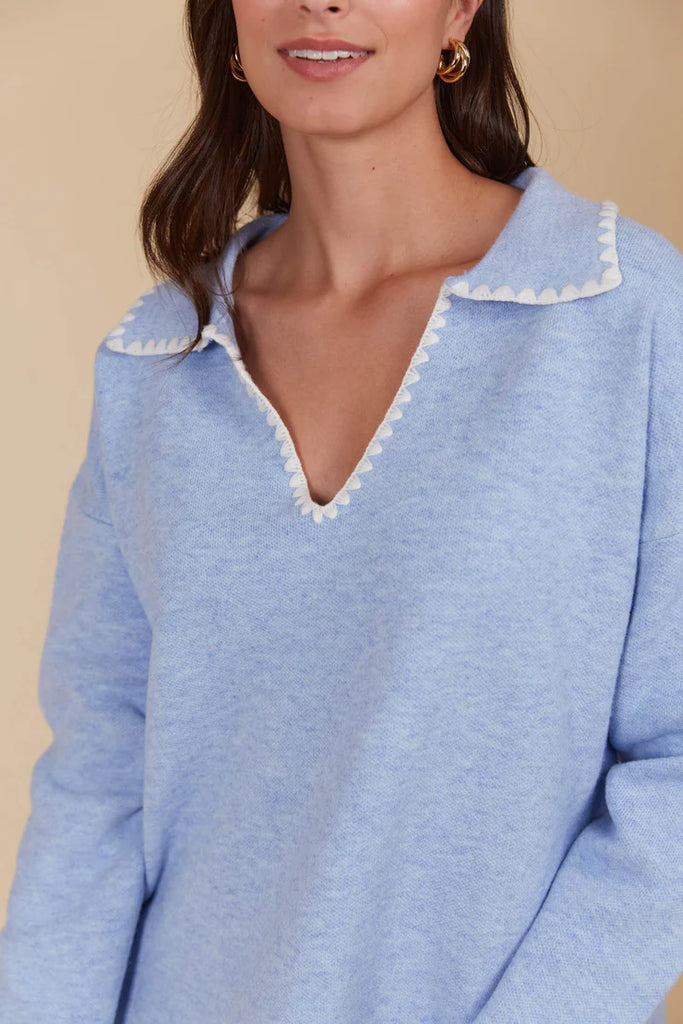 Athena Jumper - Sky-Isle of Mine-The Athena Jumper is bound to be your new go-to for everyday wear. Its relaxed fit makes it super easy to throw on, featuring a classic collar, V-neck, and subtle contrast stitch details for a hint of style. Perfect for grabbing coffee, running errands, or just lounging at home, this cosy wool and recycled blend will keep you warm and comfortable all day. Pair it with loose pants or your favourite jeans and sneakers for an effortlessly laid-back look. Collar V-neck Drop shou