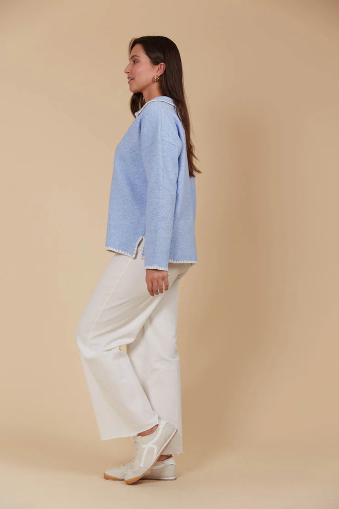 Athena Jumper - Sky-Isle of Mine-The Athena Jumper is bound to be your new go-to for everyday wear. Its relaxed fit makes it super easy to throw on, featuring a classic collar, V-neck, and subtle contrast stitch details for a hint of style. Perfect for grabbing coffee, running errands, or just lounging at home, this cosy wool and recycled blend will keep you warm and comfortable all day. Pair it with loose pants or your favourite jeans and sneakers for an effortlessly laid-back look. Collar V-neck Drop shou