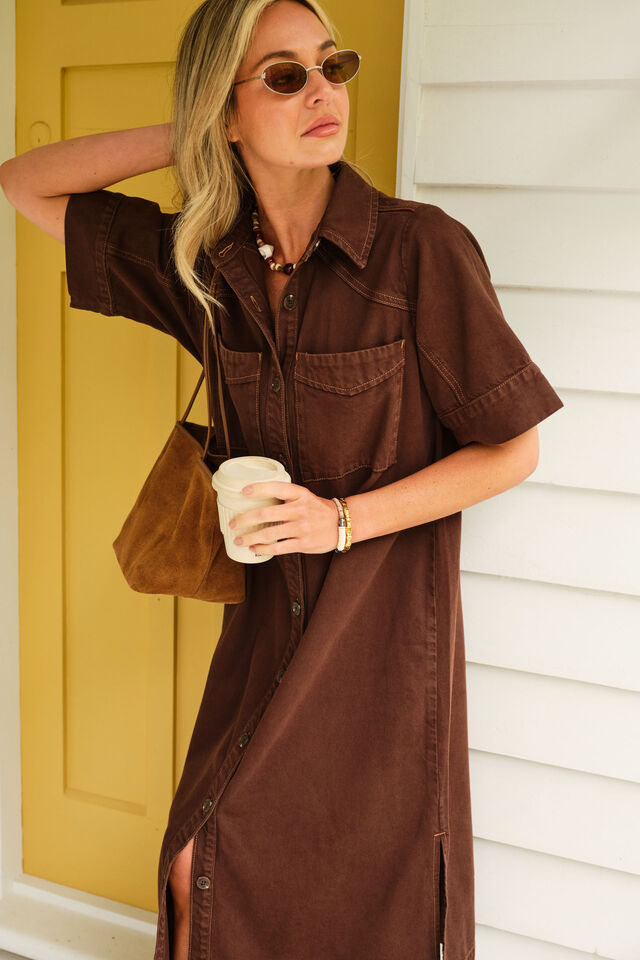 Ava Short Sleeve Midi Dress - Chocolate-Ceres Life-Made from mid weight cotton twill with 30% Lyocell for soft hand feel Curved yoke and sleeve seam detail Short sleeve with cuff Functional button through front Longer midi length with side splits-Pash + Evolve