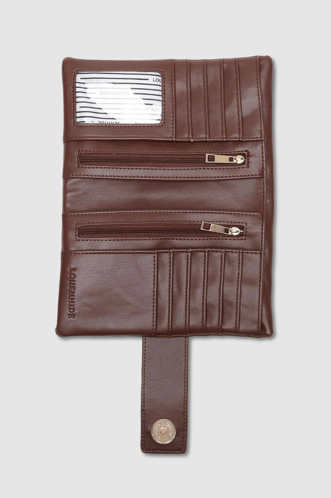 Bailey wallet - cocoa-Louenhide-The Louenhide Bailey Cocoa Wallet is a soft, casual carryall that is a perfect everyday purse for the traveller who carries it all. Complete with multiple cardholders, note compartments and zipped pockets, this travel wallet is the perfect companion for overseas travel. Internal Features 2 Zip Pockets, 2 Slip Note Pockets, 11 Card Holders External Features Back Side Zip Pocket Internal Lining Polyurethane Vegan Leather & Polyester Recycled Black and White Stripe Logo 100% Lin