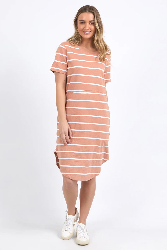 Bay Stripe Dress - Clay & White Stripe-Foxwood-Throw on and go with the Bay Dress. This flattering design in comfort plus jersey is the ideal everyday piece for your casual wardrobe. Curved Hem Curved Design Seam Round Neckline 100% Cotton Our model is 176cm and wears Size 10-Pash + Evolve