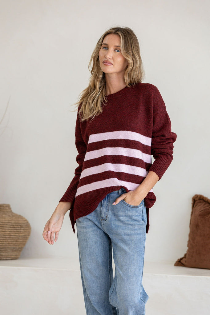 Bella knit - Wine-Pash + Evolve-*Round neck *Long Sleeve *Hi-Low Hemline *Pink Stripe *Super Soft *65% Acrylic, 35% Wool-Pash + Evolve