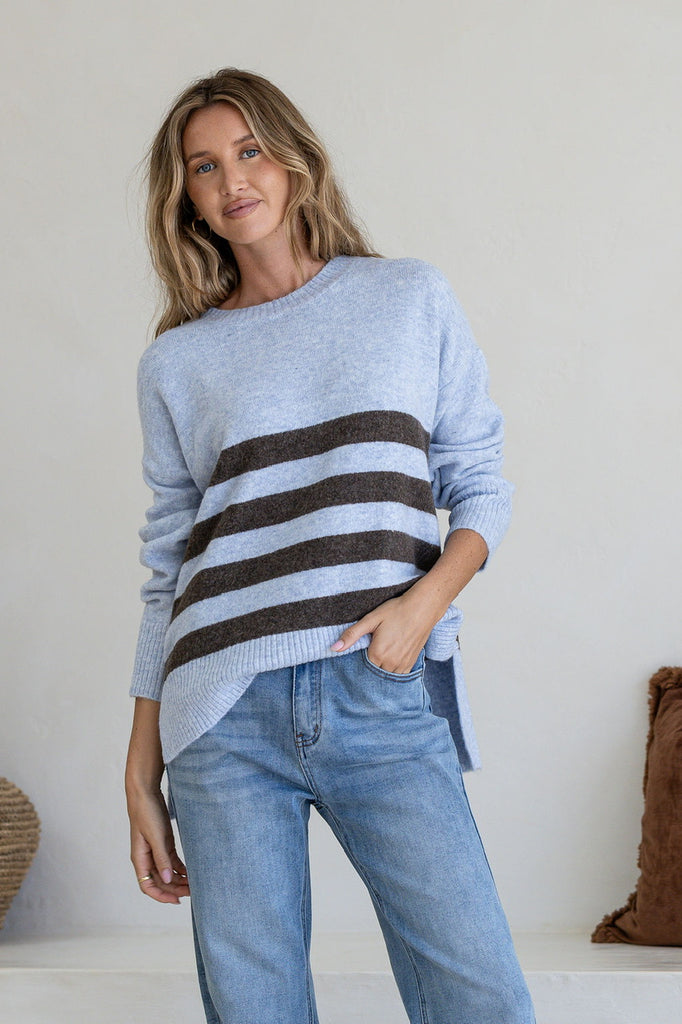 Bella knit - light blue-Pash + Evolve-*Round neck *Long Sleeve *Hi-Low Hemline *Chocolate stripe *Super Soft *65% Acrylic, 35% Wool-Pash + Evolve