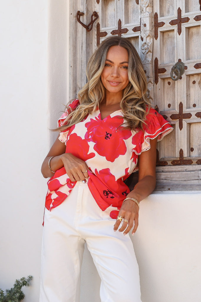 Bella ruffle top - white/red-Pash + Evolve-*Ruffle sleeve detail *Short sleeve *White/red *V neck *Poppy print-Pash + Evolve