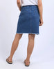 Belle Skirt - Mid Blue-Foxwood-Your new favourite A-line skirt, flaunting a raw edge hem and the relaxed fit of stretch denim, this one will have you sorted for the season. Front Button Opening Knee length Slim fit Stretch Denim Our model is 176cm and wears Size 10-Pash + Evolve