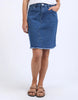 Belle Skirt - Mid Blue-Foxwood-Your new favourite A-line skirt, flaunting a raw edge hem and the relaxed fit of stretch denim, this one will have you sorted for the season. Front Button Opening Knee length Slim fit Stretch Denim Our model is 176cm and wears Size 10-Pash + Evolve