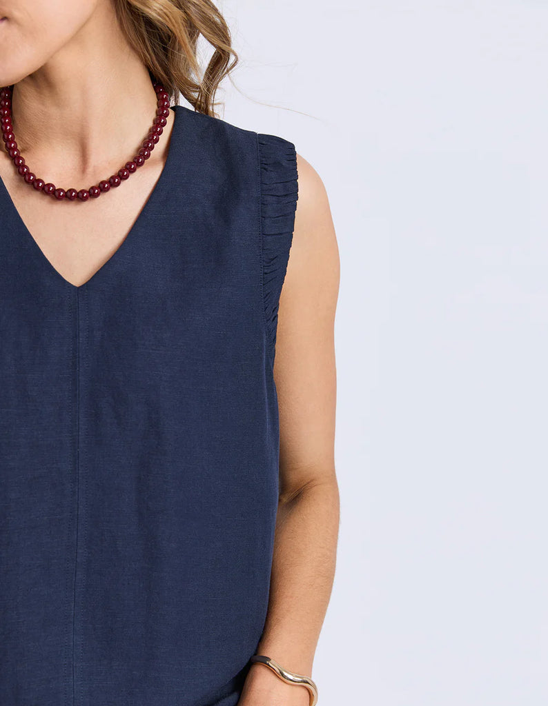 Bermuda dress - dark sapphire-Foxwood-Say hello to the Bermuda Dress, the linen blend style that is as fun as it is flattering. With its V-neckline, frill sleeves and side pockets, it is the kind of dress that makes warm days feel even better. Decorative armhole detail Vee neckline Back keyhole opening 55% Linen 45% Viscose Our model is 176cm and wears Size 10-Pash + Evolve