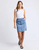 Birdie Denim Skirt - Light Blue Wash-Elm-The Birdie Denim Skirt brings playful charm with its comfy elastic at the side seams and back waist, giving you the perfect fit every time. Its knee-length cut is easygoing and flattering, while the Elm-stamped hardware adds a fun, unique touch to this effortlessly stylish skirt. Elastic at side seams and back waist Elm stamped hardware Flattering knee length 99% cotton 1% elastane stretch denim Model is 171cm and wears Size 10-Pash + Evolve