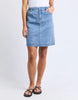 Birdie Denim Skirt - Light Blue Wash-Elm-The Birdie Denim Skirt brings playful charm with its comfy elastic at the side seams and back waist, giving you the perfect fit every time. Its knee-length cut is easygoing and flattering, while the Elm-stamped hardware adds a fun, unique touch to this effortlessly stylish skirt. Elastic at side seams and back waist Elm stamped hardware Flattering knee length 99% cotton 1% elastane stretch denim Model is 171cm and wears Size 10-Pash + Evolve