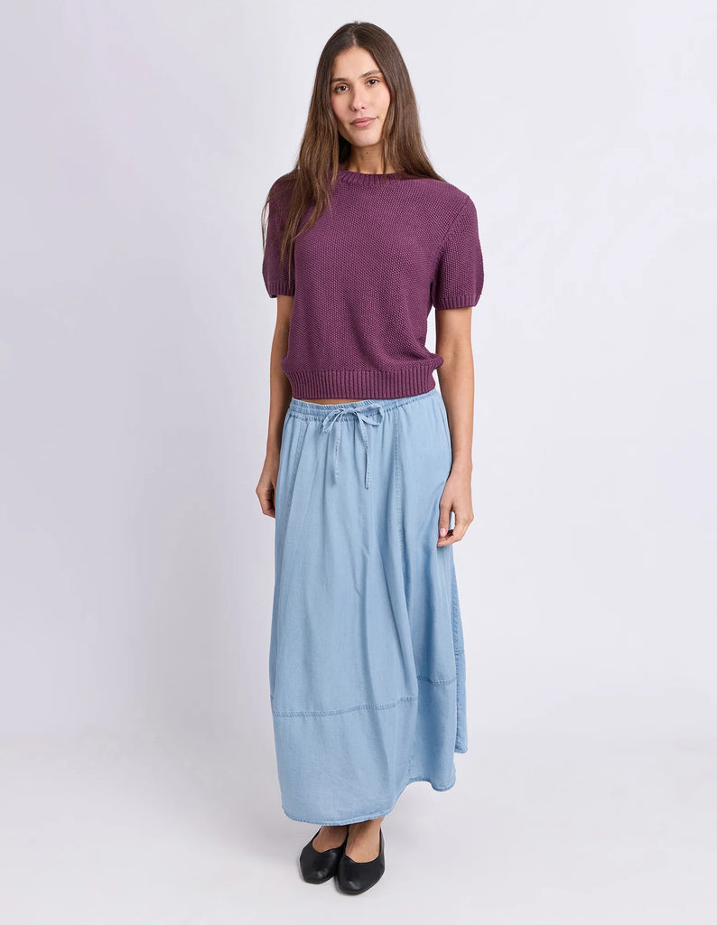 Blair Short Sleeve Knit - Plum-Foxwood-Exclusive Foxwood 100% Cotton Knitwear. The Blair Short Sleeve knit in gorgeous Sage Green is a relaxed fit top designed to be worn for work or play. Round neckline Rib sleeve cuff Relaxed fit 100% Cotton Our model is 176cm and wears Size 10-Pash + Evolve