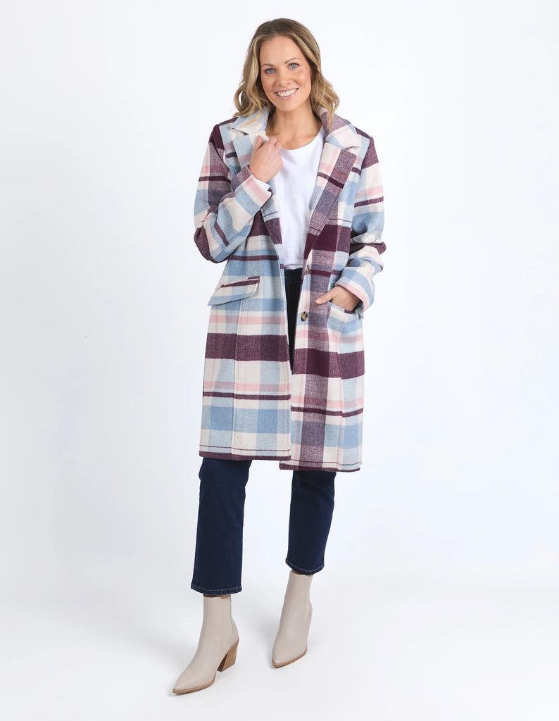 Blanche Check Coat - Blue/Merlot-Elm-The Blanche Check Coat in Pink and Khaki Check is a fabulous statement coat for cooler weather. It features a wide lapel, knee-length fall, long sleeves, hip pockets, and contrast lining. Yarn Dye Check Fully lined Button opening and pockets Polyester Wool Melton Model is wearing a size 10-Pash + Evolve