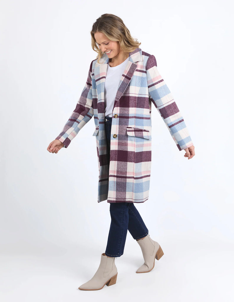 Blanche Check Coat - Blue/Merlot-Elm-The Blanche Check Coat in Pink and Khaki Check is a fabulous statement coat for cooler weather. It features a wide lapel, knee-length fall, long sleeves, hip pockets, and contrast lining. Yarn Dye Check Fully lined Button opening and pockets Polyester Wool Melton Model is wearing a size 10-Pash + Evolve