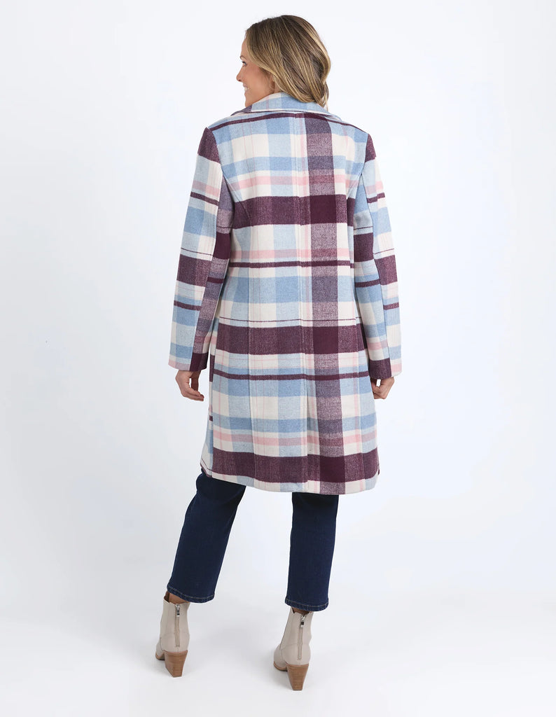 Blanche Check Coat - Blue/Merlot-Elm-The Blanche Check Coat in Pink and Khaki Check is a fabulous statement coat for cooler weather. It features a wide lapel, knee-length fall, long sleeves, hip pockets, and contrast lining. Yarn Dye Check Fully lined Button opening and pockets Polyester Wool Melton Model is wearing a size 10-Pash + Evolve