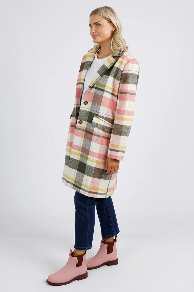 Blanche Check Coat-Elm-The Blanche Check Coat in Pink and Khaki Check is a fabulous statement coat for cooler weather. It features a wide lapel, knee-length fall, long sleeves, hip pockets, and contrast lining. YARN DYE CHECK FULLY LINED BUTTON OPENING AND POCKETS POLYESTER WOOL MELTON-Pash + Evolve