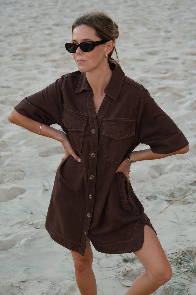 Bonnie relaxed shirt dress - chocolate-Ceres Life-Your favourite Boxy Dress, refined with you in mind. We’ve kept the details you love and updated the fit to be true to size — we suggest selecting your usual size. Crafted from a mid-weight twill using 39% TENCEL™ with soft hand-feel, this mini length dress features a shaped hem with side splits, updated with hidden snap closures on the front pockets, a front yoke seam and seam detailing on the back.-Pash + Evolve