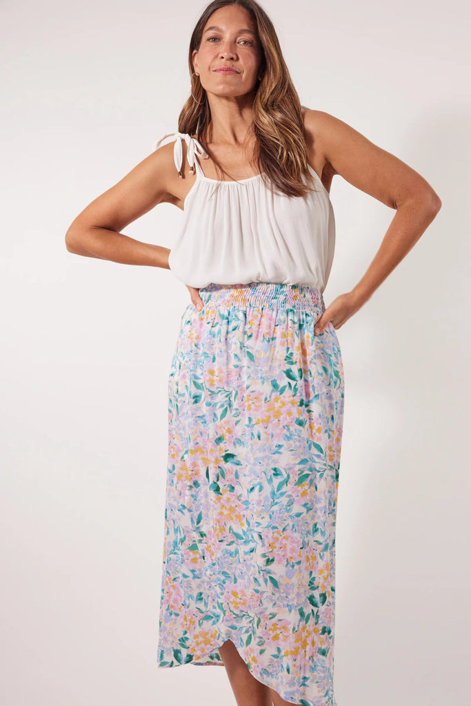 Botanical Midi Skirt - Salt Hydrangea-Isle of Mine-The Botanical Midi Skirt is the perfect piece to take with you on your next summer getaway! This versatile number doubles as a skirt or a dress, giving you endless styling options. With an elastic waist and a chic crossover design, wear it as a beach cover-up or pair it with a tank or blouse and wedges for a stunning sunset dinner ensemble. FEATURES: Elastic waist Cross over design Midi-length Plain Material: 100% Viscose Print Material: 100% Rayon-Pash + E