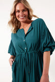 Botanical Tie Dress - Teal-Isle of Mine-The Botanical Tie Dress is the epitome of summer style. With its comfortable one-size fit and silk-like fabric, it exudes a carefree elegance. Light and airy, this dress is enhanced by the half-button front, bishop sleeves, and drawstring waist. Complete the look for your next garden party with metallic accessories and wedges. FEATURES: Round neck with half-button detail Drop shoulder Bishop sleeves Drawstring with gathering Inseam pockets Single frilled tier with gat