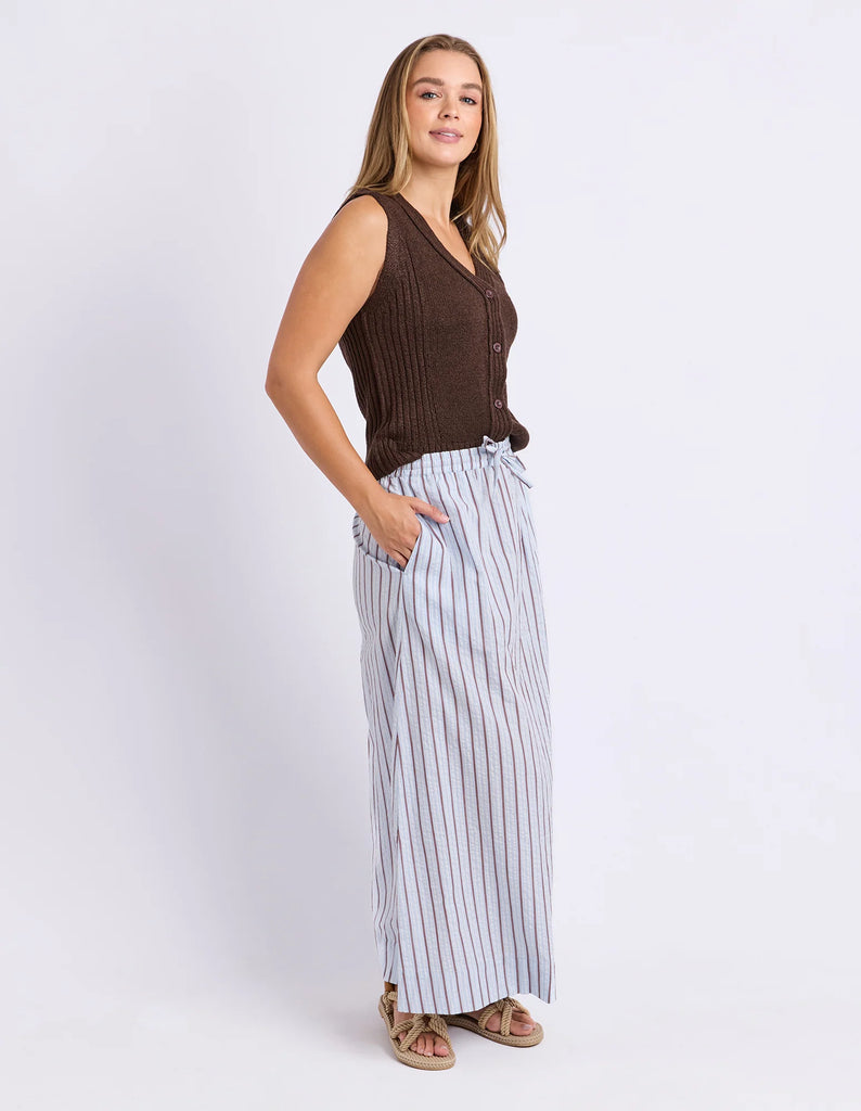 Breeze Skirt - Light Blue-Foxwood-Made for sunny days and slow weekends. The Breeze Skirt is crafted from breathable cotton with yarn dyed stripes and an easy flowing silhouette. Finished with an elastic waistband, adjustable drawcord and side pockets, it's the kind of skirt you'll keep reaching for all season long. Elastic waist with drawcord Yarn dyed stripe Side pockets Model is wearing a size 10-Pash + Evolve