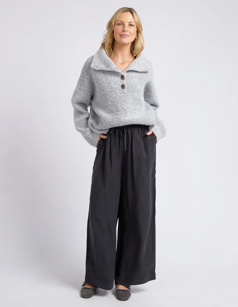 Bron Button Knit - Grey Marle-Elm-Cosy comfort and style! The Bron Button Knit features a relaxed collar with chunky tortoiseshell buttons and is the ideal knit to complement your wardrobe through the cooler months. Traditional knitwear Collar and button placket Warm and cosy Acrylic Recycled Polyester Nylon Wool Elastane Model is wearing a size 10.-Pash + Evolve