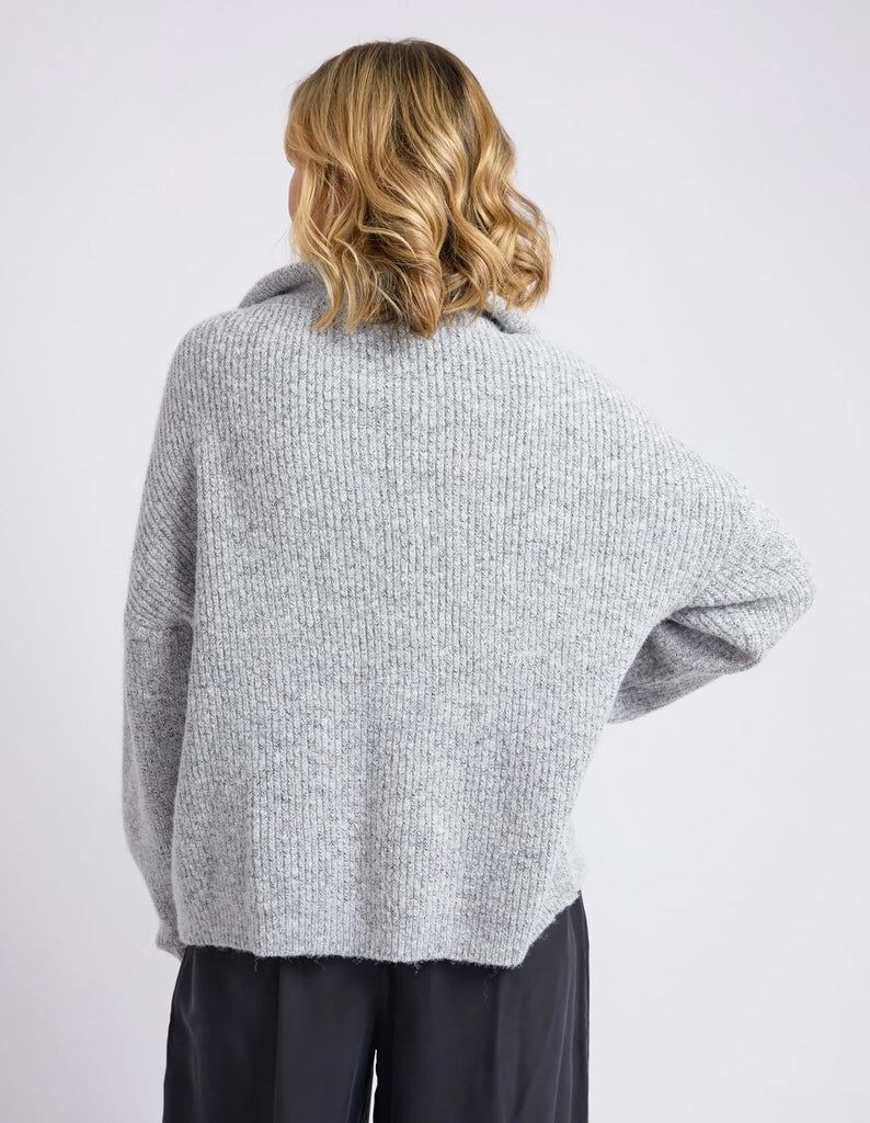 Bron Button Knit - Grey Marle-Elm-Cosy comfort and style! The Bron Button Knit features a relaxed collar with chunky tortoiseshell buttons and is the ideal knit to complement your wardrobe through the cooler months. Traditional knitwear Collar and button placket Warm and cosy Acrylic Recycled Polyester Nylon Wool Elastane Model is wearing a size 10.-Pash + Evolve