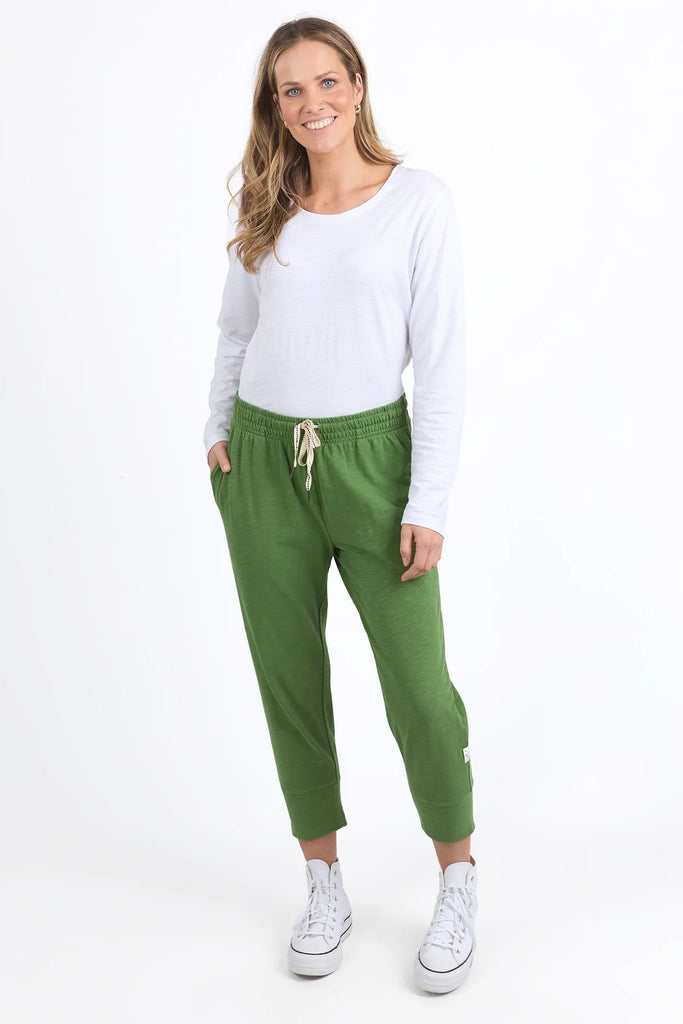 Brunch Pant - Cedar Green-Elm-Made from 100% Cotton slub jersey, Elm's best selling Brunch Pant provides a relaxed and roomy fit, a comfy fit elastic waistband and adjustable tie. These cropped length pants feature a large cuff detail and will be your everyday go to! Best selling style Relaxed cropped length Elastic waistband Adjustable tie Model is wearing a size 10-Pash + Evolve