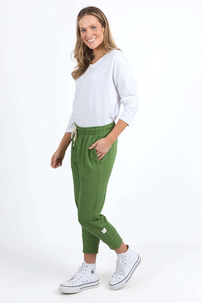 Brunch Pant - Cedar Green-Elm-Made from 100% Cotton slub jersey, Elm's best selling Brunch Pant provides a relaxed and roomy fit, a comfy fit elastic waistband and adjustable tie. These cropped length pants feature a large cuff detail and will be your everyday go to! Best selling style Relaxed cropped length Elastic waistband Adjustable tie Model is wearing a size 10-Pash + Evolve