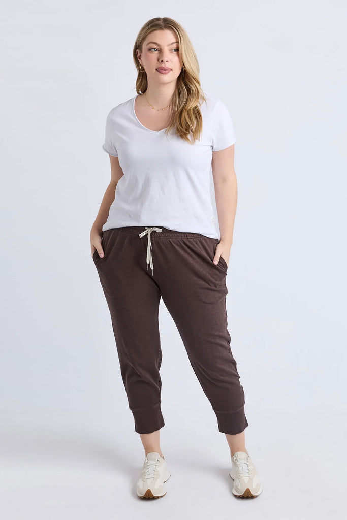 Brunch Pant - Coffee-Elm-Made from 100% cotton slub jersey, Elm’s best-selling Brunch Pant provides a relaxed roomy fit that is versatility plus! With a comfy fit elastic waistband paired with an adjustable tie, these cropped length pants feature large cuff detail and will be your go-to straight out of the box! Best Selling Style Cropped Length Elastic Waistband with adjustable Tie 100% Cotton Slub Jersey Our model is wearing a size 16-Pash + Evolve