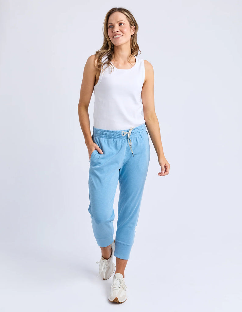 Brunch Pant - Dusk Blue-Elm-Made from 100% cotton slub jersey, Elm’s best-selling Brunch Pant provides a relaxed roomy fit that is versatility plus! With a comfy fit elastic waistband paired with an adjustable tie, these cropped length pants feature large cuff detail and will be your go-to straight out of the box! Best Selling Style Relaxed Cropped Length Fit Cotton Slub Jersey Model is 171cm and wears Size 10-Pash + Evolve