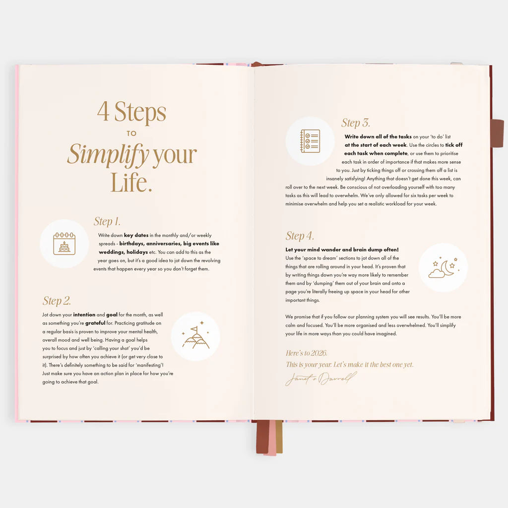 Burgundy Stripe - 2026 A5 Vertical Planner-Fox & Fallow-Our best-selling A5 planners are back with a brand new vertical layout and a new planning system designed to simplify your life.At Fox & Fallow we're all about making planning simple. Your planner should de-stress and simplify your life, not make it more rigid or complicated. That's why we've designed a planning system to make things more simple and organised.Say hello to the fresh new cover art and new colourful divider pages for each month so you can