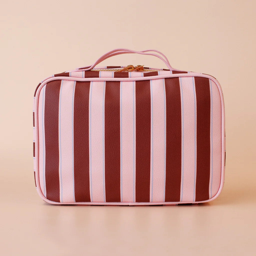 Burgundy Stripe Cosmetic Bag-Fox & Fallow-The bag of your dreams is here! With so many bonus features, you’ll be wondering where they’ve been all your life. The miracle pop out bag everyone’s been talking about. The ingenious removable clear bag is the true MVP here: it pops out of the main bag and it’s perfect for all your makeup & skincare essentials so you can find them easily through the clear plastic sides. Take it out and use it for your daily makeup & skincare routine or separately at airport securit
