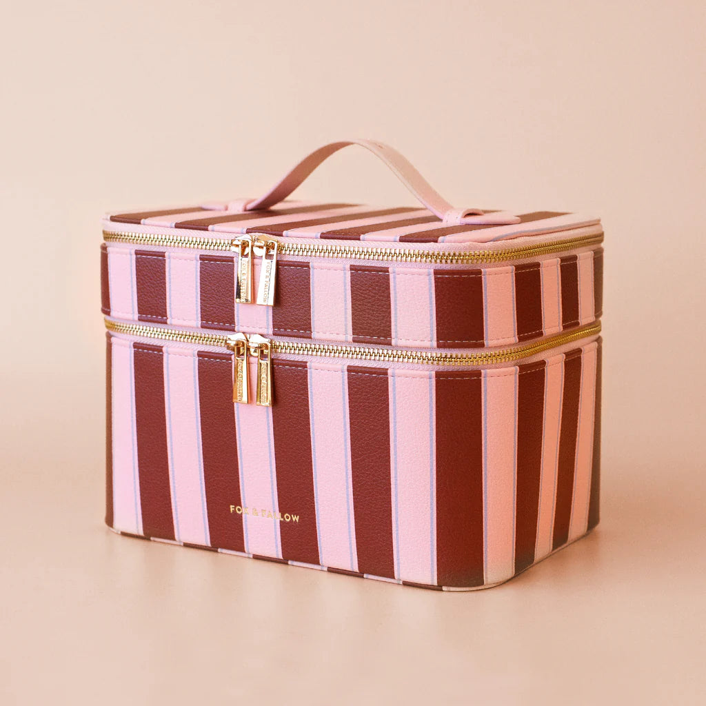 Burgundy Stripe - Vanity Case-Fox & Fallow-Say hello to your new bestie - the Fox & Fallow 'Classic' Vanity Case! She’ll get you organised and keep you organised, whipping your skincare and makeup routine into shape. Not just for travel, it's the perfect bag for everyday! • Vanity Case: 24 x 16.5 x 17.5cm.• Box: 26 x 20 x 20cm.• Pebble vegan leather with a tan lining.• Dual layer with elastic loops.• Internal zip pocket.• Gold hardware.• Two handles and two zippers for easy access.• Bonus removable clear ba
