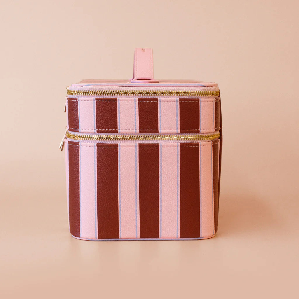 Burgundy Stripe - Vanity Case-Fox & Fallow-Say hello to your new bestie - the Fox & Fallow 'Classic' Vanity Case! She’ll get you organised and keep you organised, whipping your skincare and makeup routine into shape. Not just for travel, it's the perfect bag for everyday! • Vanity Case: 24 x 16.5 x 17.5cm.• Box: 26 x 20 x 20cm.• Pebble vegan leather with a tan lining.• Dual layer with elastic loops.• Internal zip pocket.• Gold hardware.• Two handles and two zippers for easy access.• Bonus removable clear ba