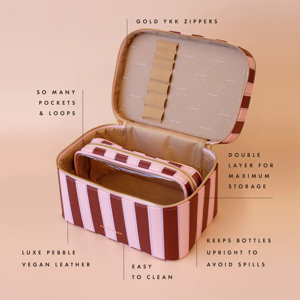 Burgundy Stripe - Vanity Case-Fox & Fallow-Say hello to your new bestie - the Fox & Fallow 'Classic' Vanity Case! She’ll get you organised and keep you organised, whipping your skincare and makeup routine into shape. Not just for travel, it's the perfect bag for everyday! • Vanity Case: 24 x 16.5 x 17.5cm.• Box: 26 x 20 x 20cm.• Pebble vegan leather with a tan lining.• Dual layer with elastic loops.• Internal zip pocket.• Gold hardware.• Two handles and two zippers for easy access.• Bonus removable clear ba