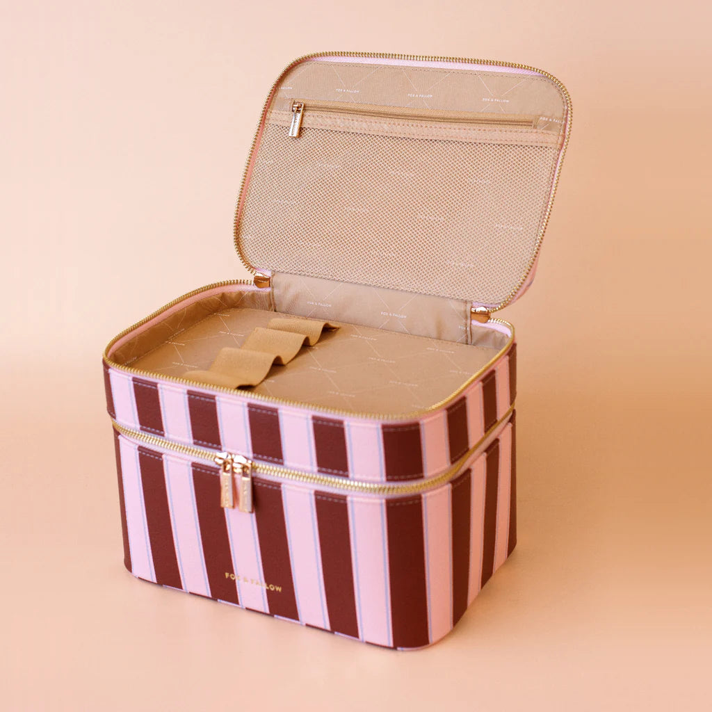 Burgundy Stripe - Vanity Case-Fox & Fallow-Say hello to your new bestie - the Fox & Fallow 'Classic' Vanity Case! She’ll get you organised and keep you organised, whipping your skincare and makeup routine into shape. Not just for travel, it's the perfect bag for everyday! • Vanity Case: 24 x 16.5 x 17.5cm.• Box: 26 x 20 x 20cm.• Pebble vegan leather with a tan lining.• Dual layer with elastic loops.• Internal zip pocket.• Gold hardware.• Two handles and two zippers for easy access.• Bonus removable clear ba