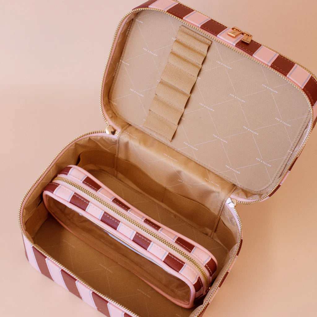 Burgundy Stripe - Vanity Case-Fox & Fallow-Say hello to your new bestie - the Fox & Fallow 'Classic' Vanity Case! She’ll get you organised and keep you organised, whipping your skincare and makeup routine into shape. Not just for travel, it's the perfect bag for everyday! • Vanity Case: 24 x 16.5 x 17.5cm.• Box: 26 x 20 x 20cm.• Pebble vegan leather with a tan lining.• Dual layer with elastic loops.• Internal zip pocket.• Gold hardware.• Two handles and two zippers for easy access.• Bonus removable clear ba