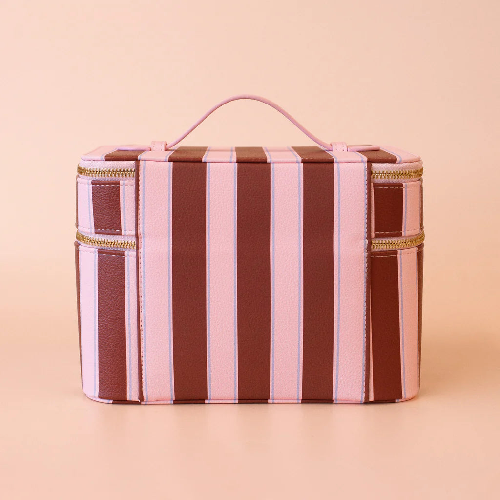 Burgundy Stripe - Vanity Case-Fox & Fallow-Say hello to your new bestie - the Fox & Fallow 'Classic' Vanity Case! She’ll get you organised and keep you organised, whipping your skincare and makeup routine into shape. Not just for travel, it's the perfect bag for everyday! • Vanity Case: 24 x 16.5 x 17.5cm.• Box: 26 x 20 x 20cm.• Pebble vegan leather with a tan lining.• Dual layer with elastic loops.• Internal zip pocket.• Gold hardware.• Two handles and two zippers for easy access.• Bonus removable clear ba