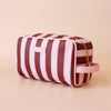 Burgundy Stripe Wash Bag-Fox & Fallow-The bag of your dreams is here! With so many bonus features, you’ll be wondering where they’ve been all your life. Beautiful, but practical. Perfect as an everyday make up bag or for all your bathroom essentials for the next work trip or vacay. Crafted from super soft, yet durable luxury pebble vegan leather it's easy to keep clean - simply wipe down with a damp cloth. The monogrammed tan lining is designed to hide make up or spills but also makes it easy to find all yo