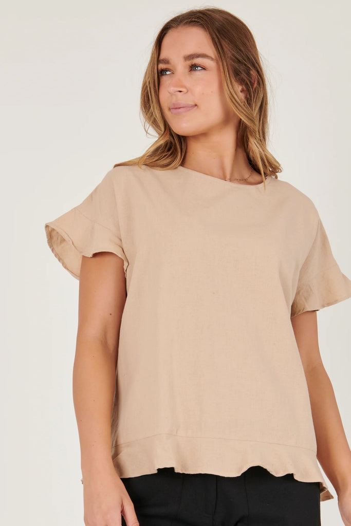 Button Back Top - Stone-One Ten Willow-Frill Sleeve detail Frill Hem detail Round Neckline Button Back feature Fabrication: 85% Cotton 15% Flex-Pash + Evolve