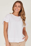 Button Back Top - White-One Ten Willow-Frill Sleeve detail Frill Hem detail Round Neckline Button Back feature Fabrication: 85% Cotton 15% Flex-Pash + Evolve
