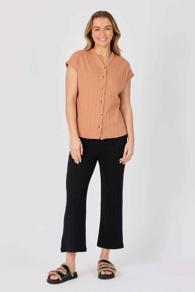 Button Through Rib Tee - Brown-One Ten Willow-V-Neck Neckline Full Button Through Front Curve Hemline Short Sleeve Fabrication: 94% Cotton 4% Elastane 2% Polyester Rib-Pash + Evolve