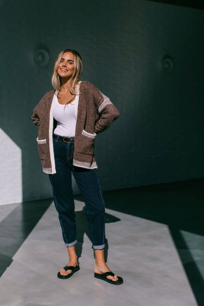 Chantelle cardi - chocolate-Pash + Evolve-*Cardigan *Pockets on front *Contrast stitching *Long sleeve *65% Acrylic, 35% Wool-Pash + Evolve