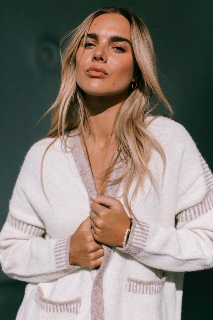 Chantelle cardi - latte-Pash + Evolve-*Cardigan *Pockets on front *Contrast stitching *Long sleeve *65% Acrylic, 35% Wool-Pash + Evolve