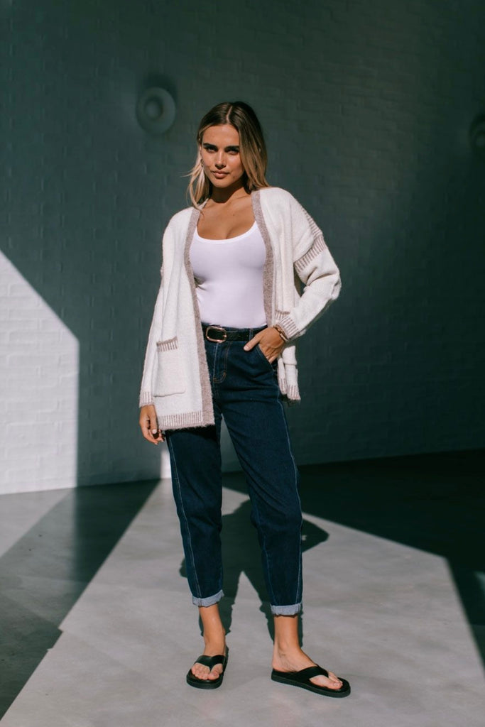 Chantelle cardi - latte-Pash + Evolve-*Cardigan *Pockets on front *Contrast stitching *Long sleeve *65% Acrylic, 35% Wool-Pash + Evolve
